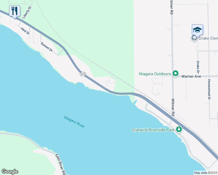 map of restaurants, bars, coffee shops, grocery stores, and more near 2520 River Road in Niagara Falls