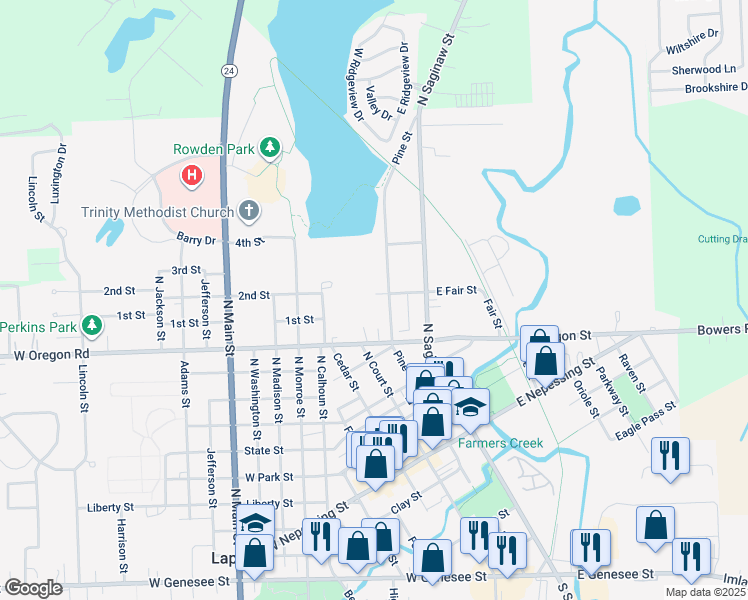 map of restaurants, bars, coffee shops, grocery stores, and more near 1065 Pine Street in Lapeer