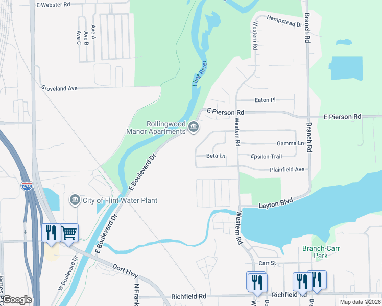 map of restaurants, bars, coffee shops, grocery stores, and more near 4811 Alpha Way in Flint