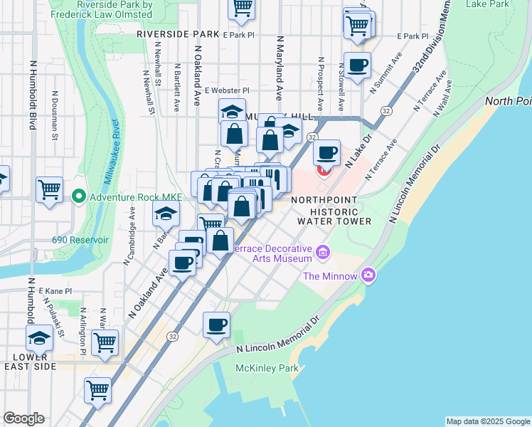 map of restaurants, bars, coffee shops, grocery stores, and more near 2233 North Summit Avenue in Milwaukee