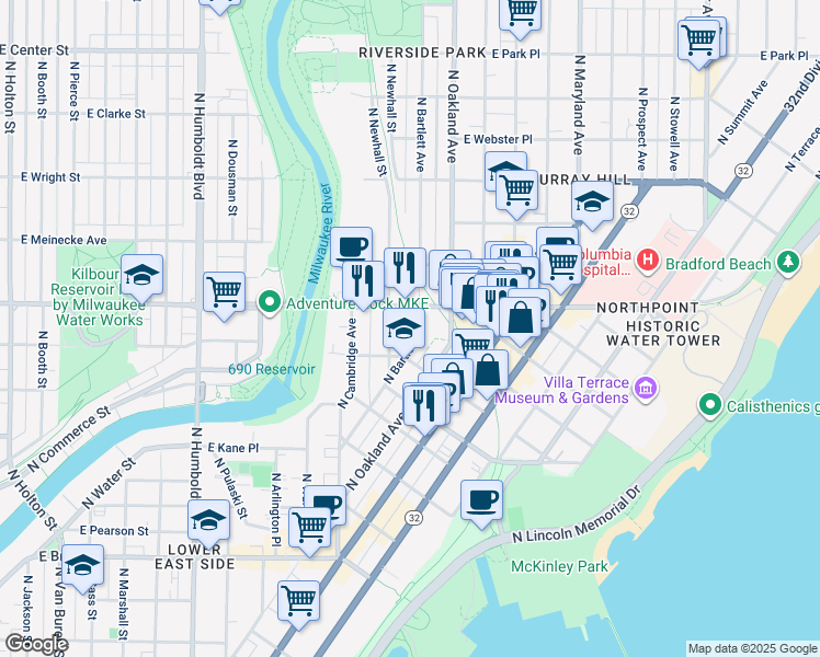map of restaurants, bars, coffee shops, grocery stores, and more near 2121-2123 North Bartlett Avenue in Milwaukee