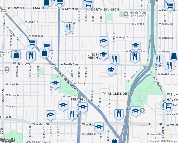 map of restaurants, bars, coffee shops, grocery stores, and more near 2203 North 15th Street in Milwaukee