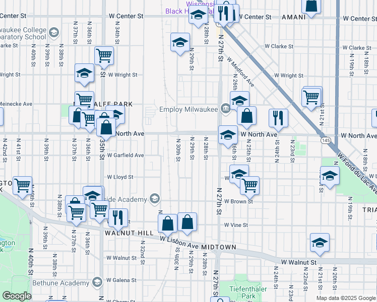 map of restaurants, bars, coffee shops, grocery stores, and more near 2148 North 29th Street in Milwaukee