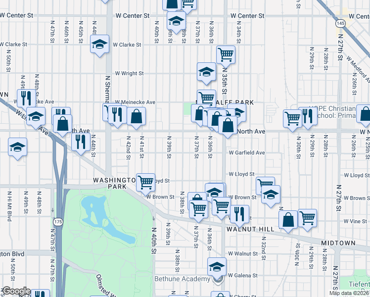 map of restaurants, bars, coffee shops, grocery stores, and more near 2167 North 38th Street in Milwaukee