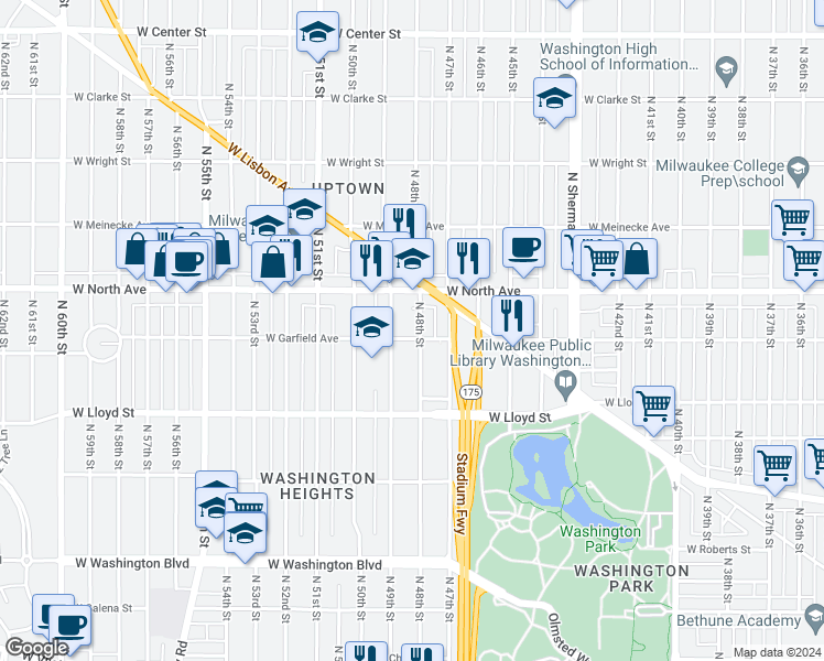 map of restaurants, bars, coffee shops, grocery stores, and more near 2184 North 48th Street in Milwaukee