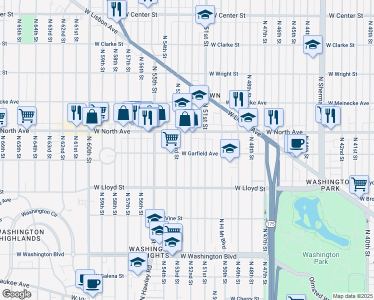 map of restaurants, bars, coffee shops, grocery stores, and more near 2186 North 53rd Street in Milwaukee