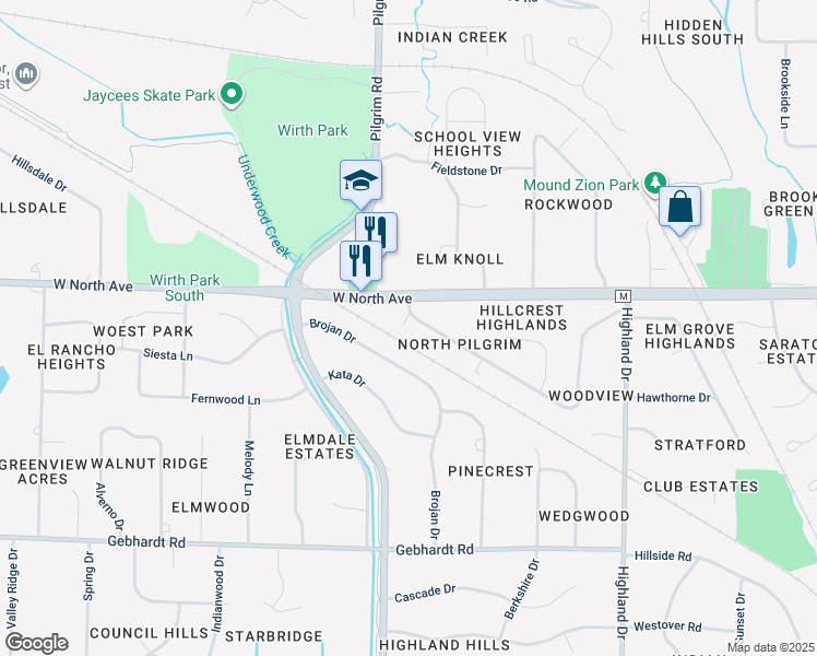 map of restaurants, bars, coffee shops, grocery stores, and more near 15370 Brojan Drive in Elm Grove