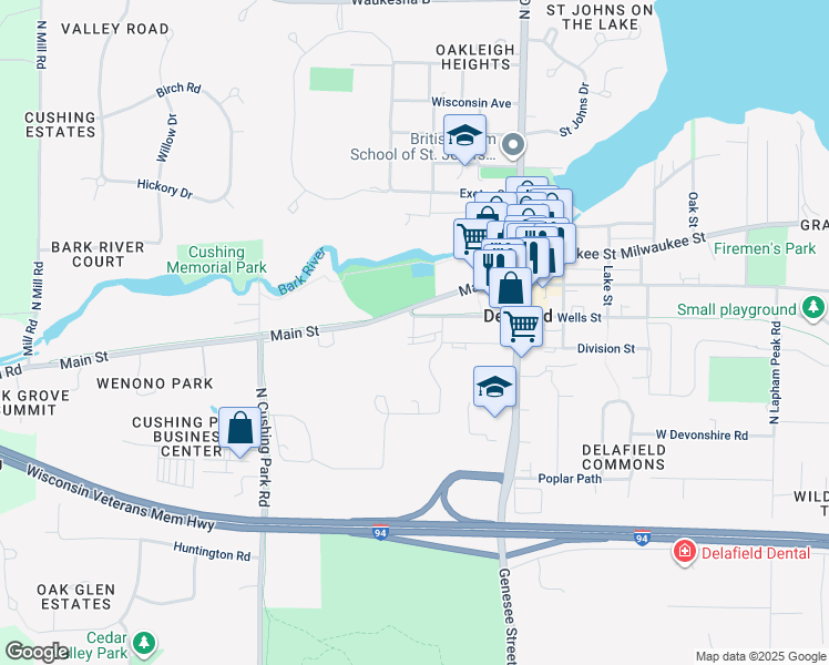 map of restaurants, bars, coffee shops, grocery stores, and more near 324 Wells St in Delafield
