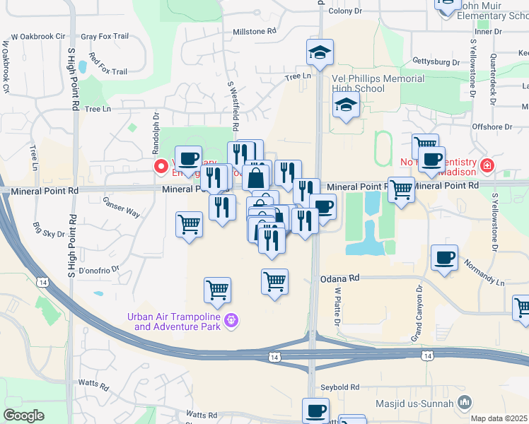 map of restaurants, bars, coffee shops, grocery stores, and more near 23 W Towne Mall in Madison
