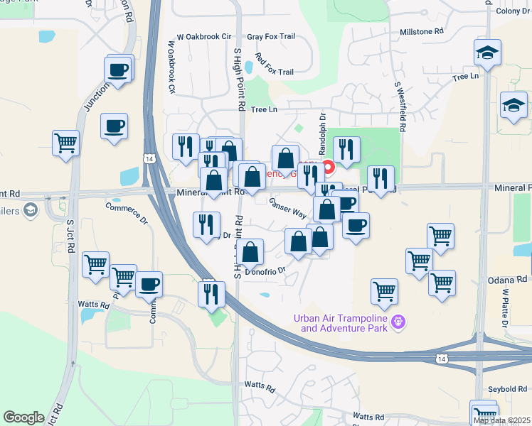 map of restaurants, bars, coffee shops, grocery stores, and more near 7618 Radcliffe Drive in Madison