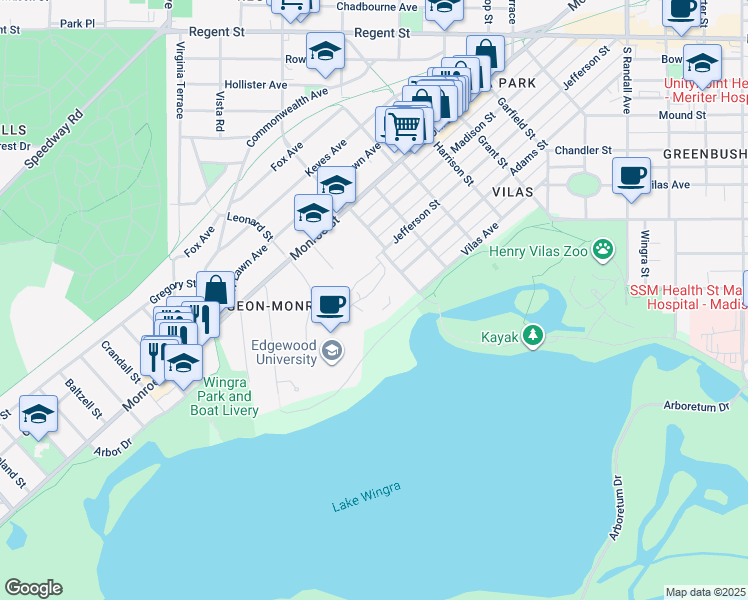 map of restaurants, bars, coffee shops, grocery stores, and more near 1014 Edgewood College Drive in Madison