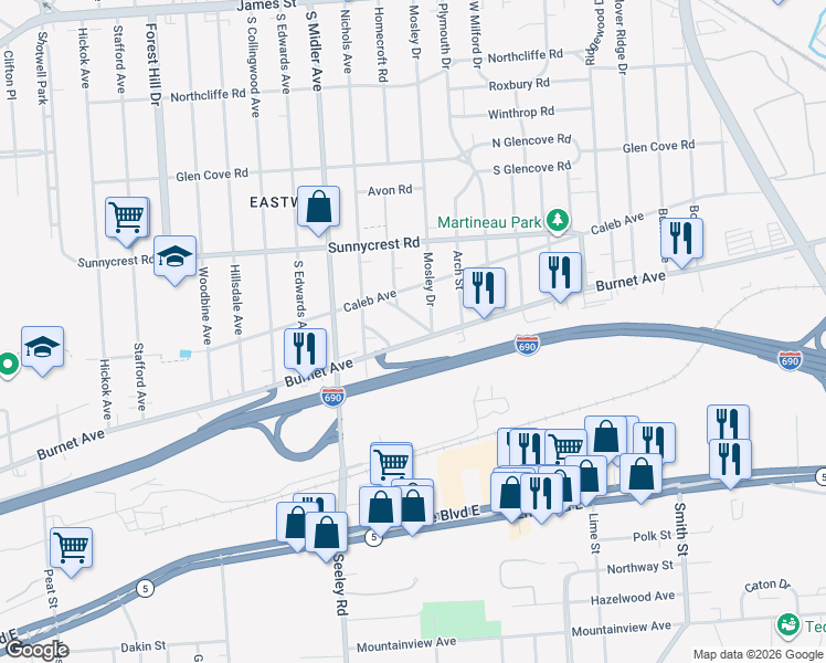 map of restaurants, bars, coffee shops, grocery stores, and more near 2510 Burnet Avenue in Syracuse
