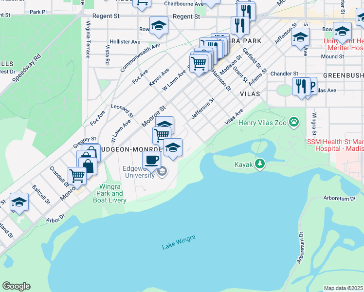 map of restaurants, bars, coffee shops, grocery stores, and more near 1014 Edgewood College Drive in Madison