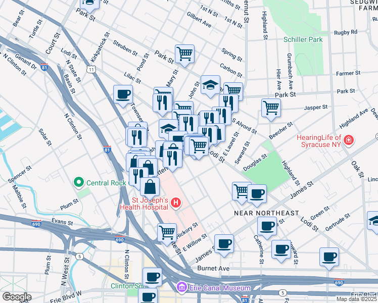 map of restaurants, bars, coffee shops, grocery stores, and more near 511 Butternut Street in Syracuse