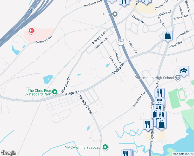 map of restaurants, bars, coffee shops, grocery stores, and more near 768 Middle Road in Portsmouth