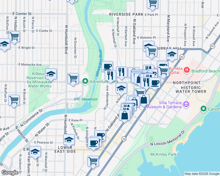 map of restaurants, bars, coffee shops, grocery stores, and more near 2202 North Cambridge Avenue in Milwaukee
