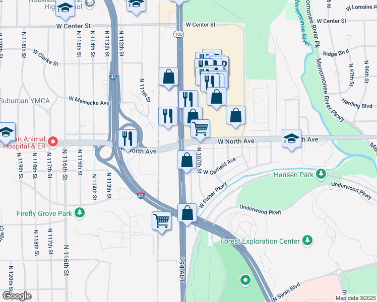 map of restaurants, bars, coffee shops, grocery stores, and more near 2222 North Mayfair Road in Wauwatosa