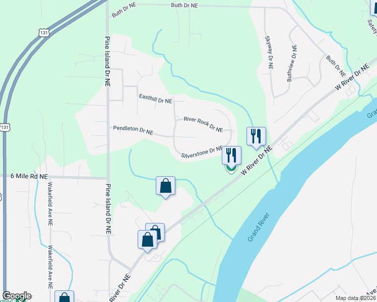 map of restaurants, bars, coffee shops, grocery stores, and more near 5311 Silverstone Drive Northeast in Comstock Park