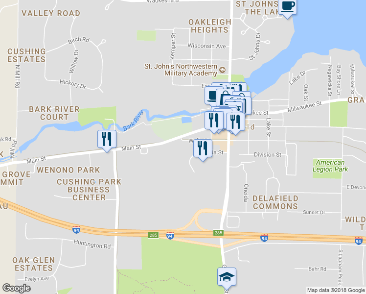 map of restaurants, bars, coffee shops, grocery stores, and more near 324 Wells Street in Delafield