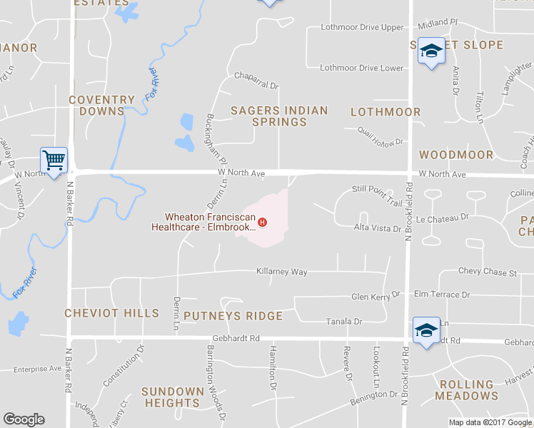 map of restaurants, bars, coffee shops, grocery stores, and more near 19475 West North Avenue in Brookfield