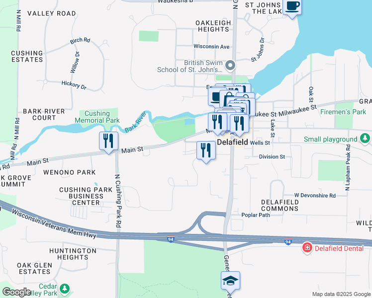 map of restaurants, bars, coffee shops, grocery stores, and more near 324 Wells St in Delafield