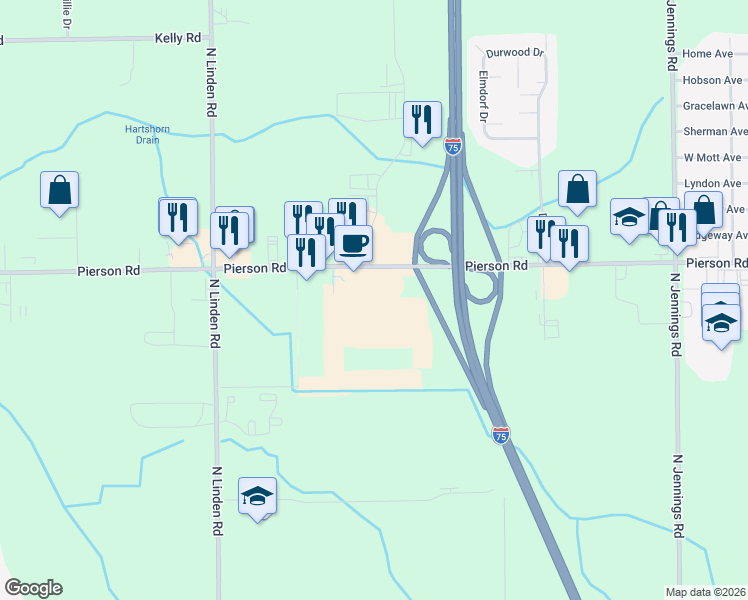 map of restaurants, bars, coffee shops, grocery stores, and more near 4405 West Pierson Road in Flint