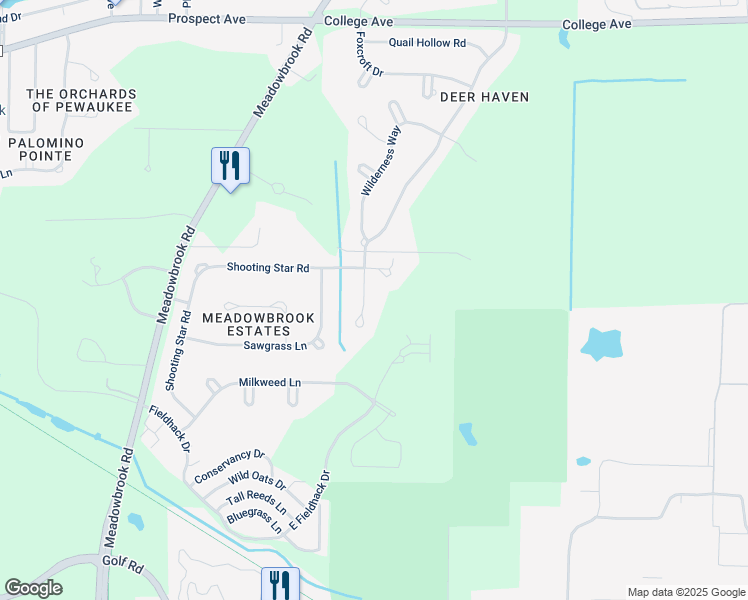 map of restaurants, bars, coffee shops, grocery stores, and more near W264N2032 Deer Haven Court in Pewaukee