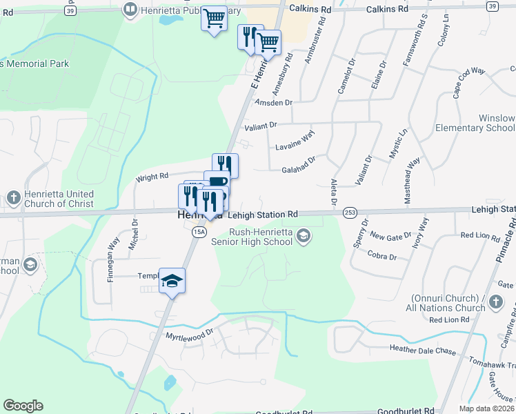 map of restaurants, bars, coffee shops, grocery stores, and more near 1766 Lehigh Station Road in Henrietta