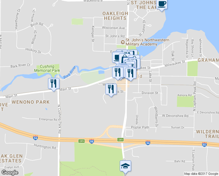 map of restaurants, bars, coffee shops, grocery stores, and more near 426 Wells Street in Delafield
