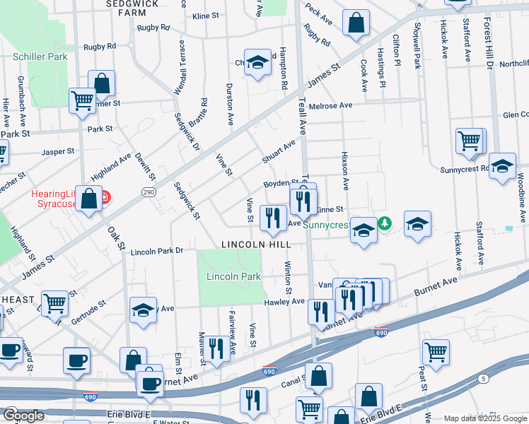 map of restaurants, bars, coffee shops, grocery stores, and more near 629 Winton Street in Syracuse