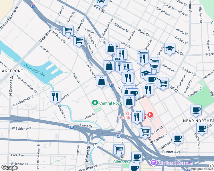 map of restaurants, bars, coffee shops, grocery stores, and more near 689 North Clinton Street in Syracuse