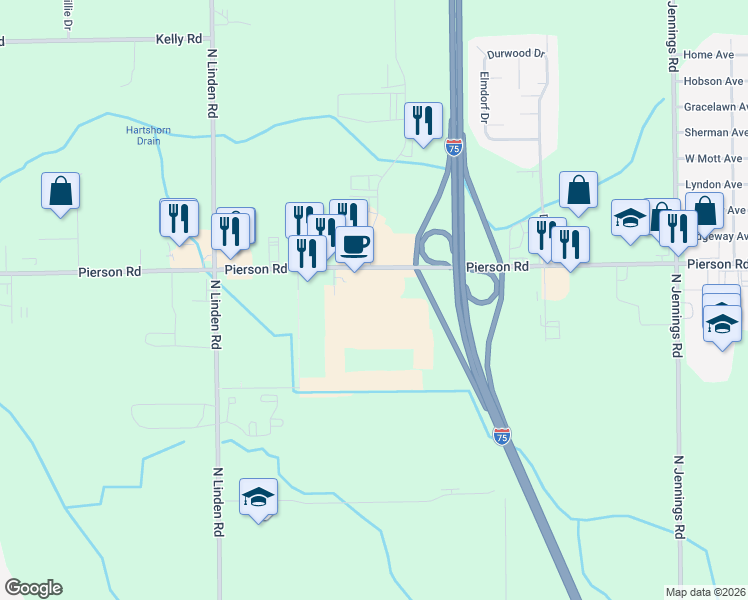 map of restaurants, bars, coffee shops, grocery stores, and more near 4405 West Pierson Road in Flint
