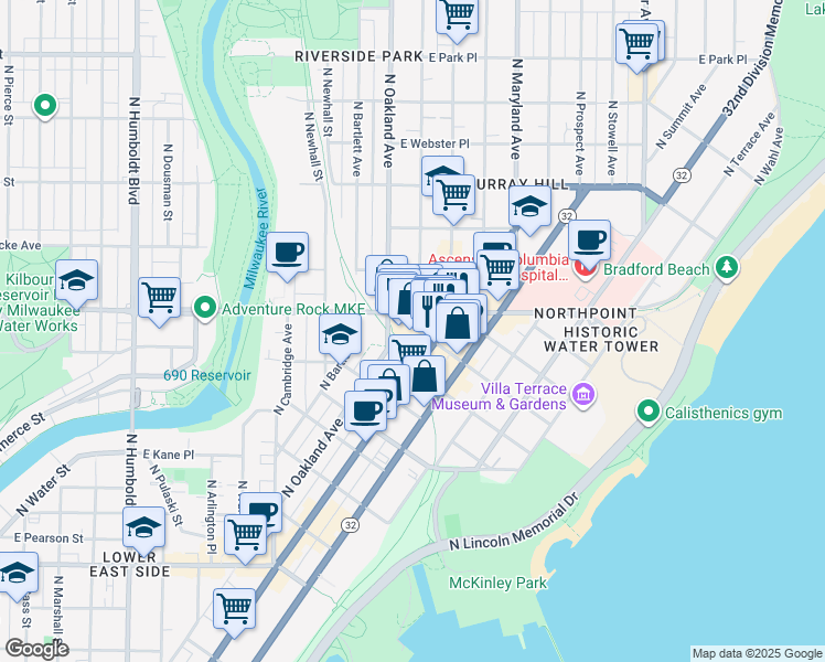 map of restaurants, bars, coffee shops, grocery stores, and more near 1903 East Kenilworth Place in Milwaukee