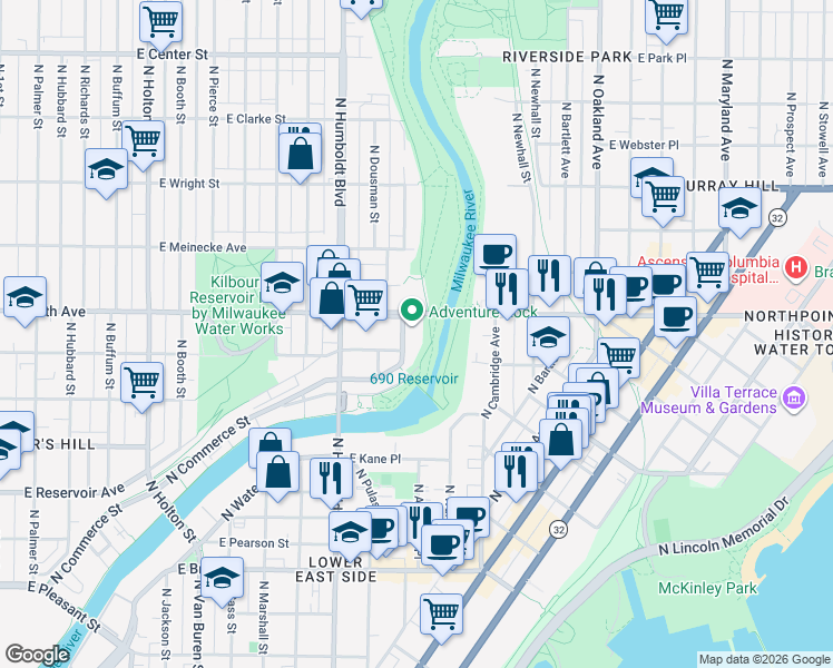 map of restaurants, bars, coffee shops, grocery stores, and more near 2175 North Commerce Street in Milwaukee