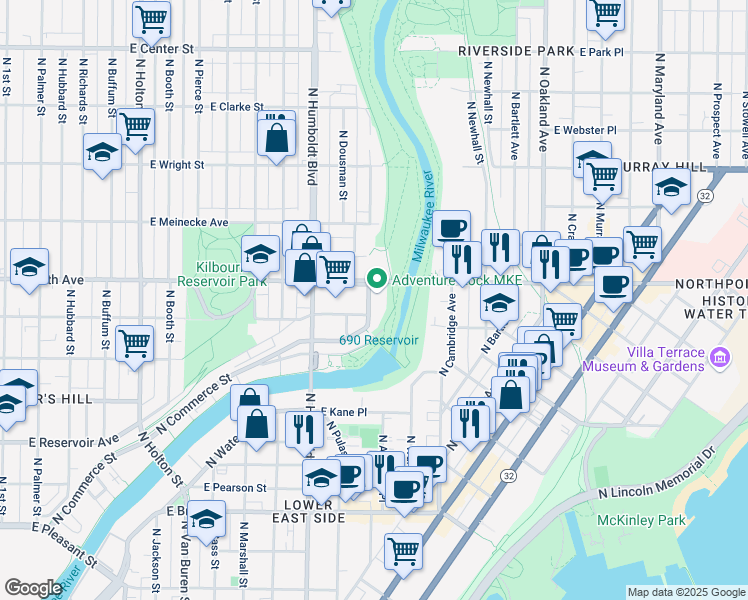 map of restaurants, bars, coffee shops, grocery stores, and more near 2175 North Commerce Street in Milwaukee