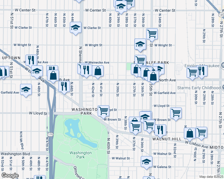 map of restaurants, bars, coffee shops, grocery stores, and more near 2170 North 40th Street in Milwaukee
