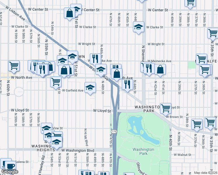 map of restaurants, bars, coffee shops, grocery stores, and more near 2190 North 47th Street in Milwaukee