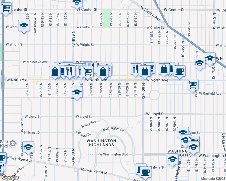 map of restaurants, bars, coffee shops, grocery stores, and more near 2201 North 63rd Street in Wauwatosa