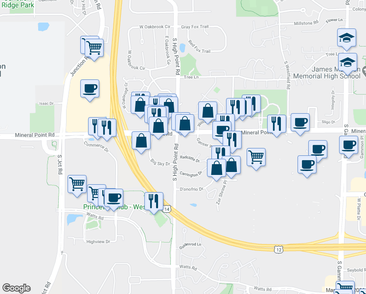 map of restaurants, bars, coffee shops, grocery stores, and more near 7766 Radcliffe Drive in Madison