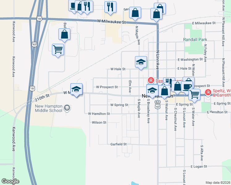 map of restaurants, bars, coffee shops, grocery stores, and more near 510 West Main Street in New Hampton