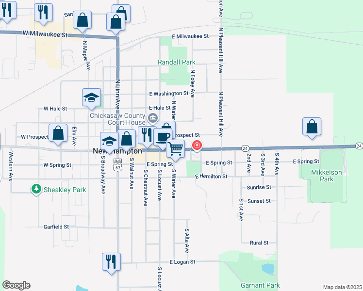 map of restaurants, bars, coffee shops, grocery stores, and more near E Spring St in New Hampton