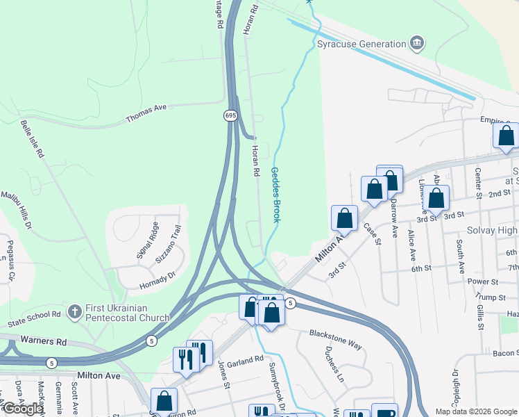 map of restaurants, bars, coffee shops, grocery stores, and more near 458 Horan Road in Syracuse