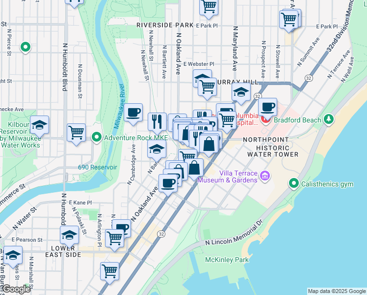 map of restaurants, bars, coffee shops, grocery stores, and more near 2132 North Oakland Avenue in Milwaukee