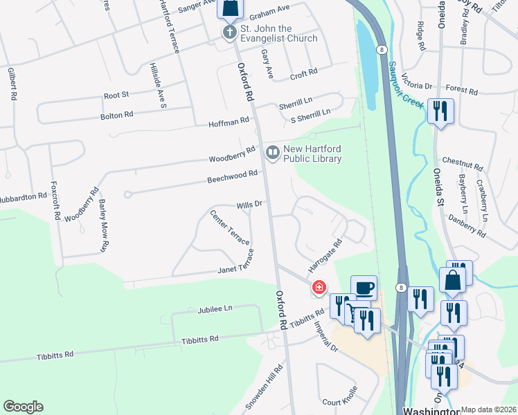 map of restaurants, bars, coffee shops, grocery stores, and more near 138 Oxford Road in New Hartford