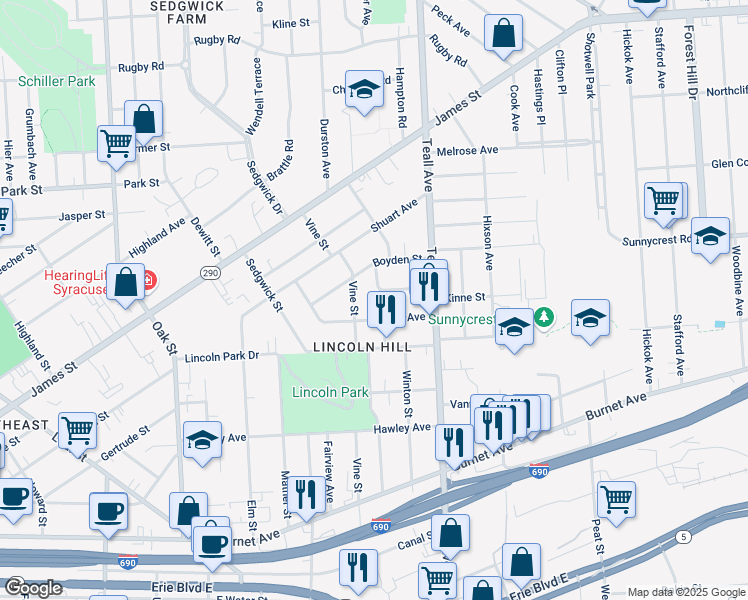 map of restaurants, bars, coffee shops, grocery stores, and more near 629 Winton Street in Syracuse