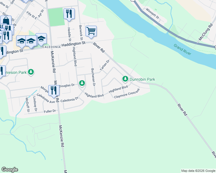 map of restaurants, bars, coffee shops, grocery stores, and more near 95 Highland Boulevard in Caledonia