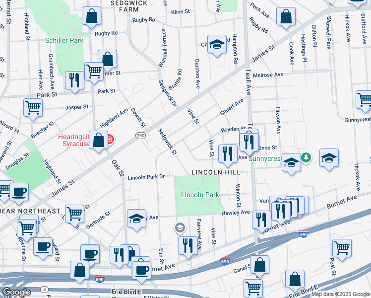map of restaurants, bars, coffee shops, grocery stores, and more near 106 Pattison Street in Syracuse