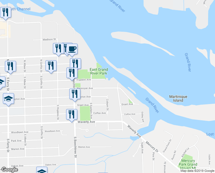 map of restaurants, bars, coffee shops, grocery stores, and more near 1703 Pennoyer Avenue in Grand Haven