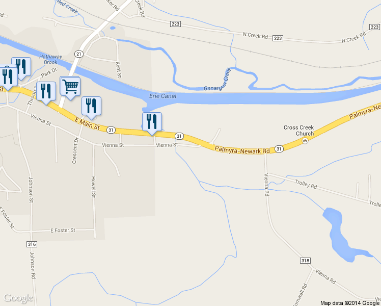 map of restaurants, bars, coffee shops, grocery stores, and more near 3548 Vienna Street in Palmyra