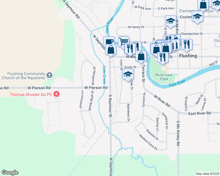 map of restaurants, bars, coffee shops, grocery stores, and more near 281 West Pierson Road in Flushing